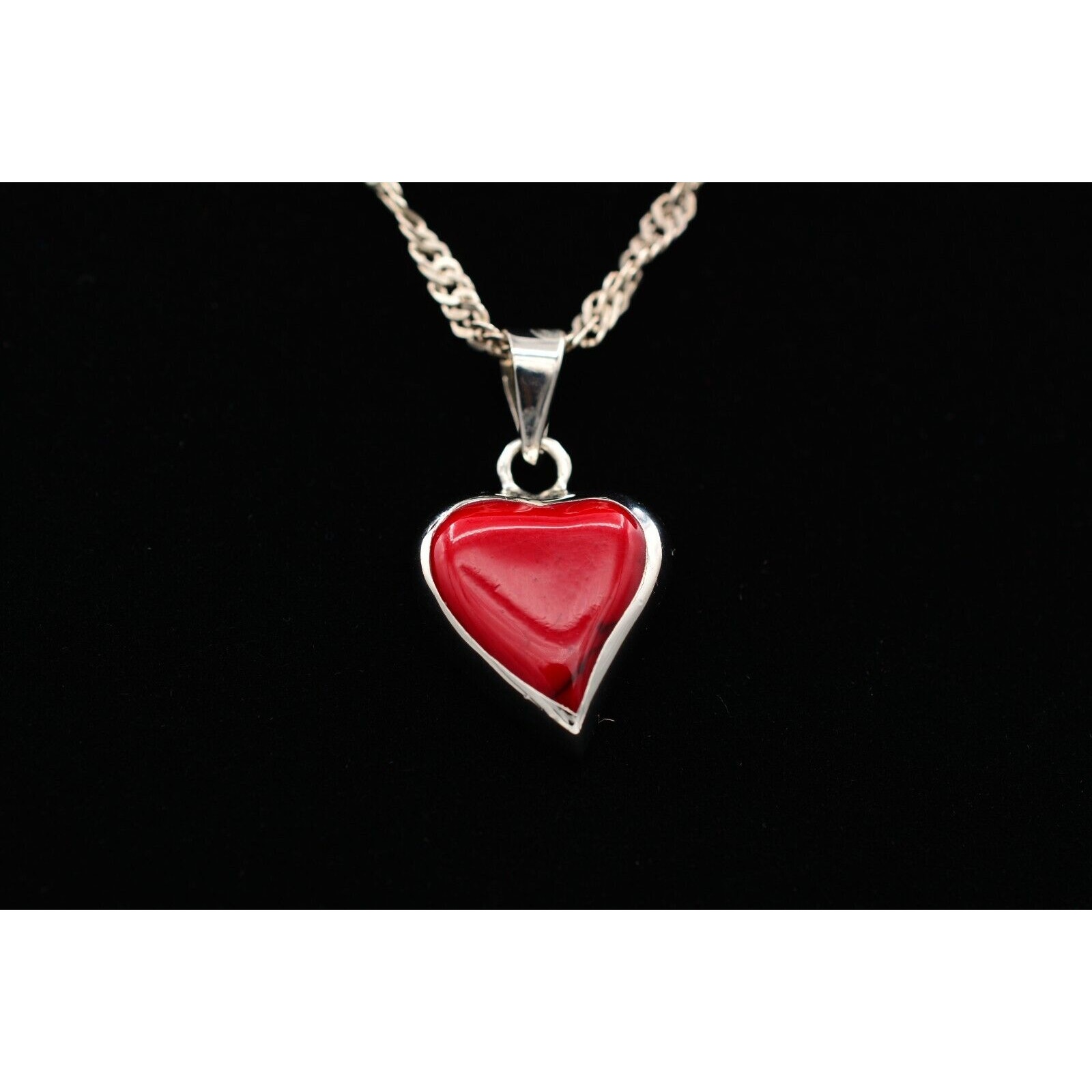 Ati 925 Mexico Heart Pendant Necklace Red Stone Sterling Silver Signed Bin8